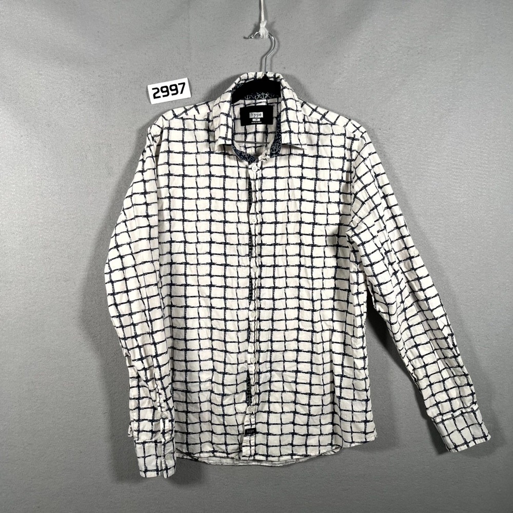 Hype Shirt Mens Medium White Navy Grid Check Cotton Long Sleeve Casual Button Up